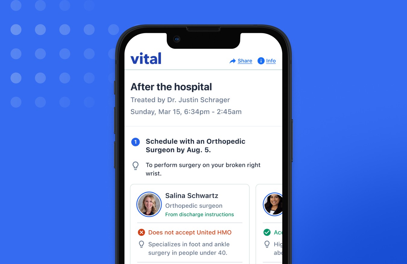 Vital AccessAdvisor mobile screen showing ER follow-up scheduling