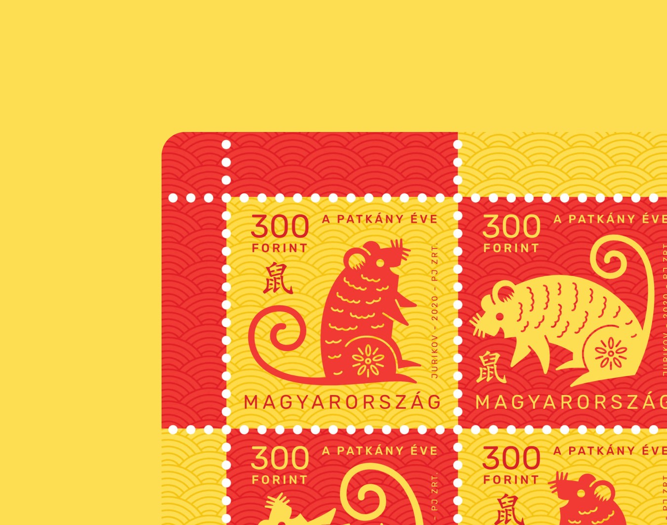 Illustrated Hungarian postage stamps featuring the year of the rat